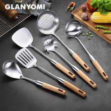 6 Pieces Stainless Steel Kitchen Utensils Wood Handle Cooking Tool Sets Turner Soup Rice Spoon Pasta Server Strainer Kitchenware