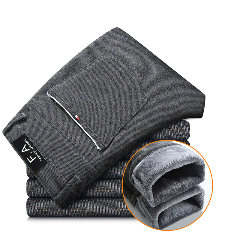 Brand Men's winter Fleece Fluff Thicken warm Casual Pants men Business Straight Elastic Thick Plaid cotton gray trousers male