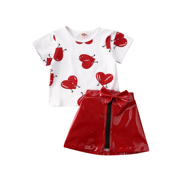 6M-5Years Kids Toddler Baby Girls Valentine Clothes Love printed T-shirt Top + Knot-Bow Leather Skirt 2pcs Set Spring Outfits