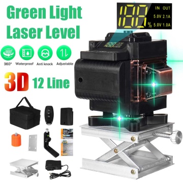 3D 12 Lines Laser Level Green Light LED Display Auto Self Leveling 360° Rotary Cross Measure Remote Control Waterproof IP54