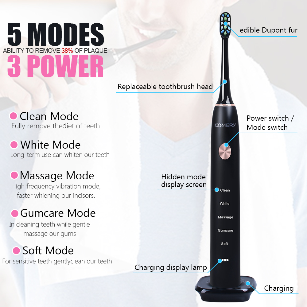 Sonic Electric Toothbrush Smart Tooth Brush KOMERY Ultrasonic Automatic Fast Rechargeable IPX7 50,000 r/min