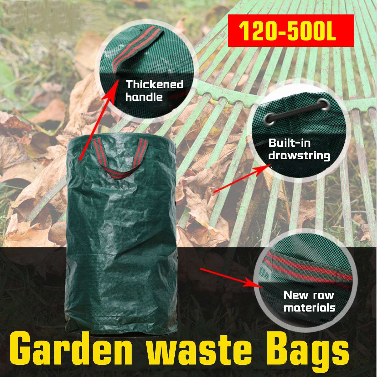 120L/272L/300L/500L Large Capacity Heavy Duty Garden Waste Bag Reusable Durable Waterproof Yard Grass Leaf Container Storage