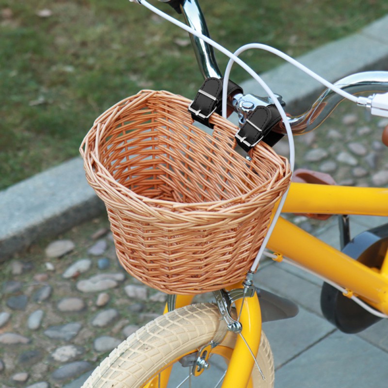 Wicker Hand-Woven Front Handlebar Bike Basket Portable Shopping Basket Folk Craftsmanship Home Storage Basket With Leather Strap