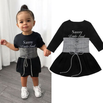 Cute Kids Baby Girls Dress+Belt 2pcs 1-6Y Long Sleeve Letter A-Line Dress+Plaid Belt Vest Outfits Set