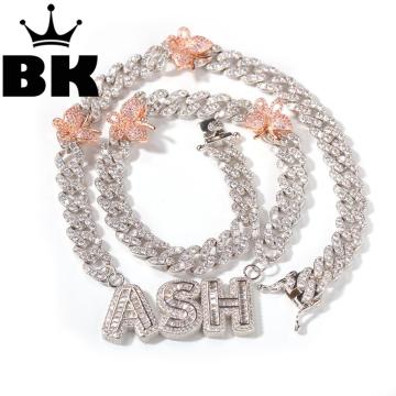 The Hiphop Name Necklace 9mm Cuban Chain With Pink Butterfly Baguette Letters Full Iced Out Zircon Pendant Gift HipHop Jewelry