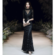 Women Black Elegant Evening Party Dress Exquisite Appliques Sequins Trim Banquet Gown Temperament Mermaid Prom Dresses XS-3XL