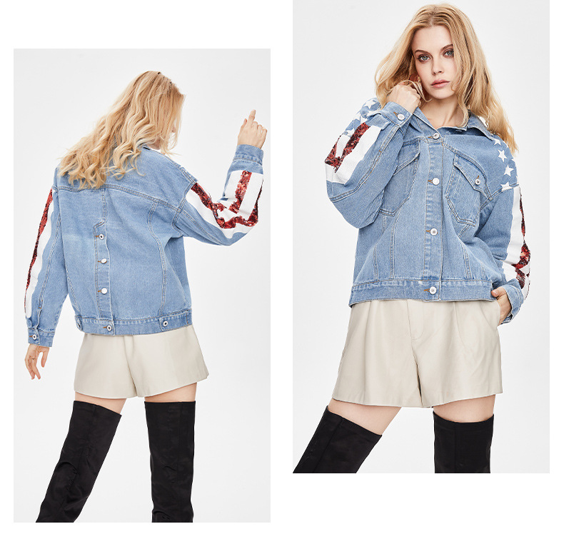 Women Sequins Patchwork Denim Jacket