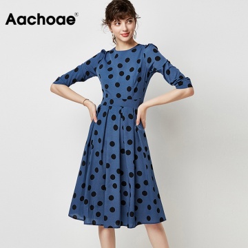 Aachoae 2020 Spring Polka Dot Dress Women Vintage Three Quarter Sleeve Office Casual Dress O Neck Ladies Long Pleated Dresses