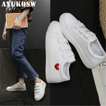 White Woman Leather Shoes 35-39 Fashion Women Shoes Cute Casual High Platform PU Leather Heart Women Casual Velcro Tennis shoes