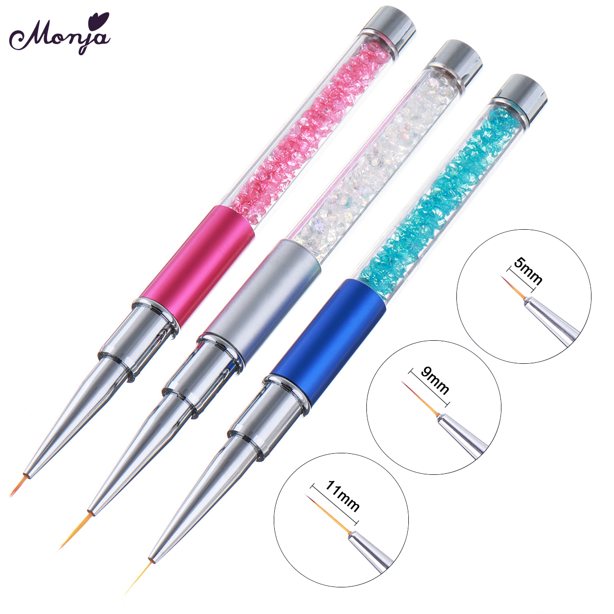 Monja 3Pcs/set Nail Art Acrylic UV Gel Extension Builder Rhinestone Painting Brush Lines Liner Pattern Drawing Pen Manicure Tool