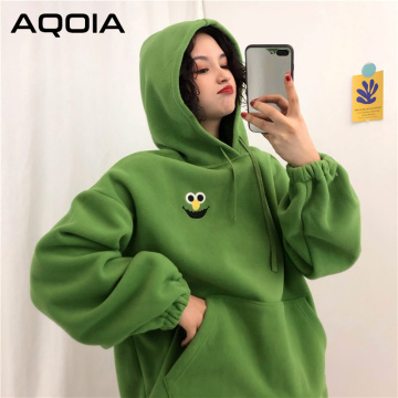AQOIA Autumn Cartoon Loose Women's Hoodies Sweatshirt Pockets Oversize Embroidered Sweatshirts Women 2019 Winter Clothing
