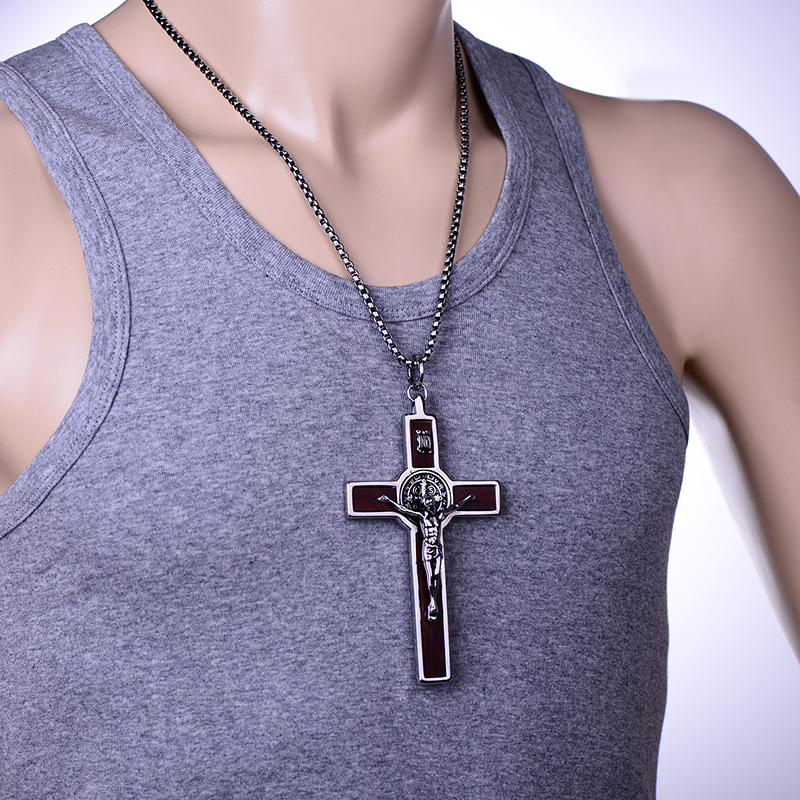 Big wide INRI Jesus Cross Crucifix Pendant Necklaces 316L Stainless Steel Link Chain St. Barbe Catholic Jewelry Father Gift