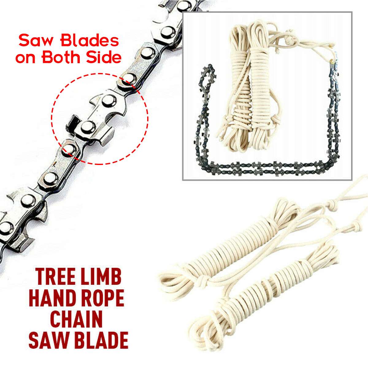 48 Inch High Reach Rope Chain Saw Tool Kit 64 Sections 42 Blades Cutter on Both Sides Outdoor Wood Cutting Camping Tool