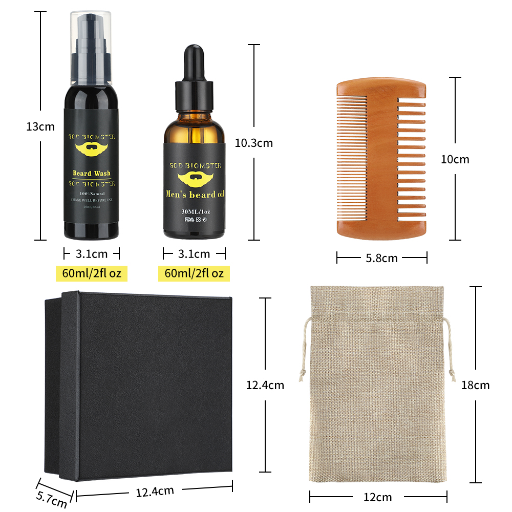 Men Beard Care Kit Moisturizing Beard Wash Beard Oil Comb Grooming Health Gift for Men 100% Pure Natural Profession