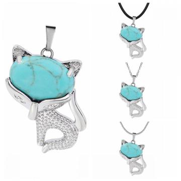 Turquoise Luck Fox Necklace for Women Men Healing Energy Crystal Amulet Animal Pendant Gemstone Jewelry Gifts