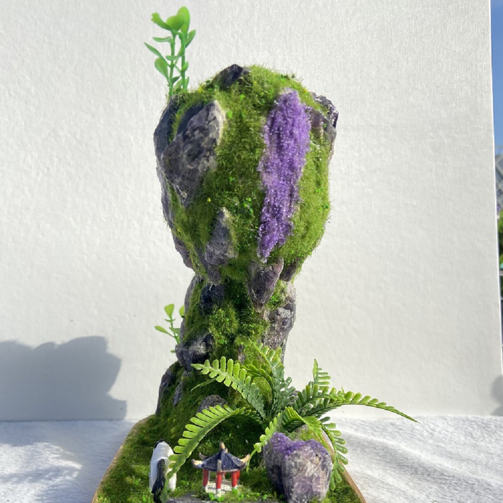 Natural Original Stone, Amethyst Mountain, Amethyst Creative Landscape, Home Office, Simulated Green plants, Bamboo plate base