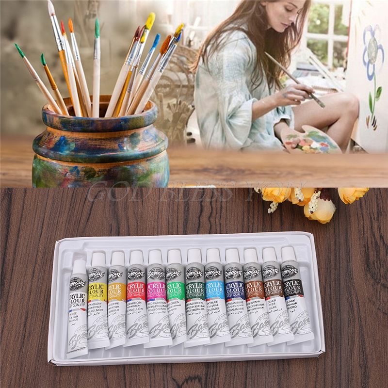 6 ml 12 Color Professional Acrylic Paints Set Hand Painted Wall Paint Tubes Artist Draw Painting Pigment Free Brush High Quality