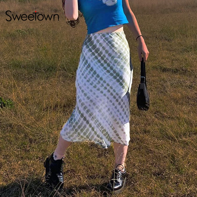 Sweetown Sweety Girls' Plaid Tie Dye Midi Skirt Woman Preppy Style Cute Kawaii Clothes High Waist Y2K Fashion 90s Boho Skirts