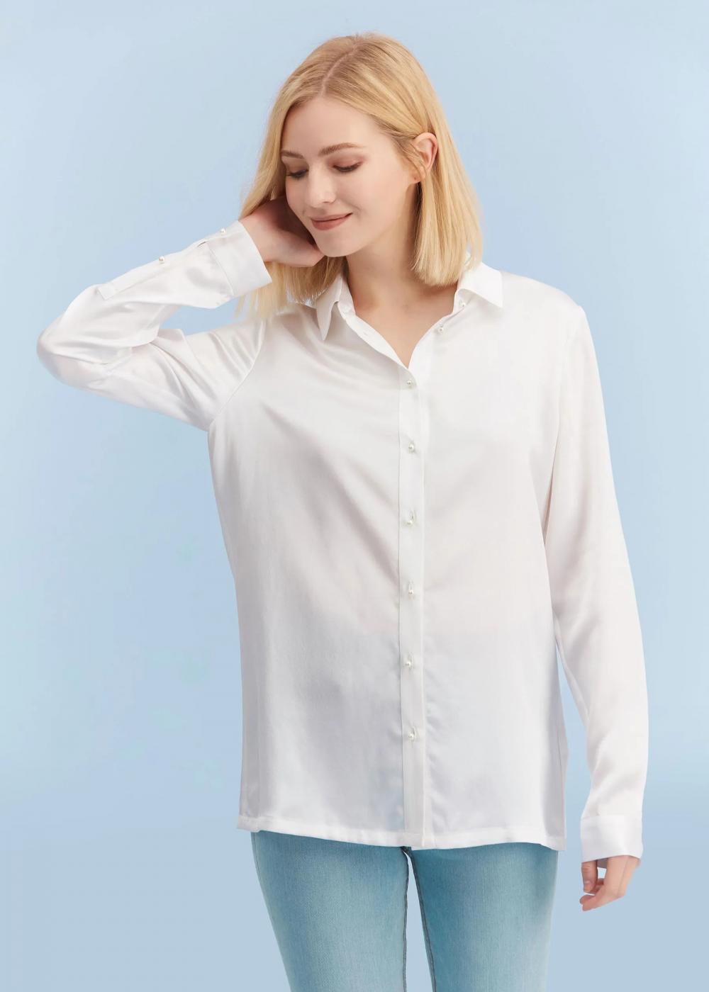 Classic Pearl Button Down Silk Shirts for Women Basic Formal Office Vintage Long Sleeve Silk Blouse Tops for Ladies