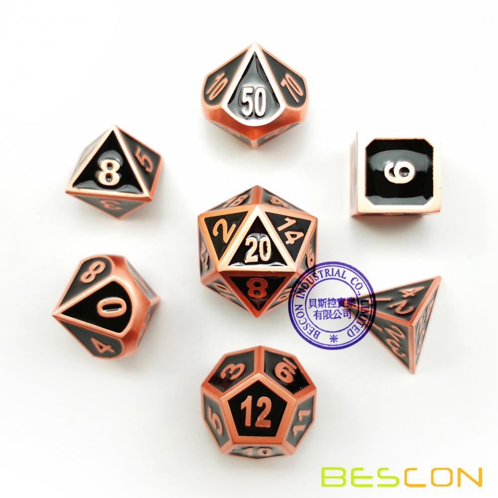 Bescon Deluxe Copper and Black Enamel Solid Metal Polyhedral Role Playing RPG Game Dice Set of 7 with Free Drawstring Pouch