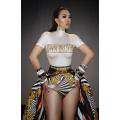 European Style Women Costume Bar Nightclub Concert Stage Wear Short Sleeve White Crystals Bodysuit Tail Dance Outfit Performance