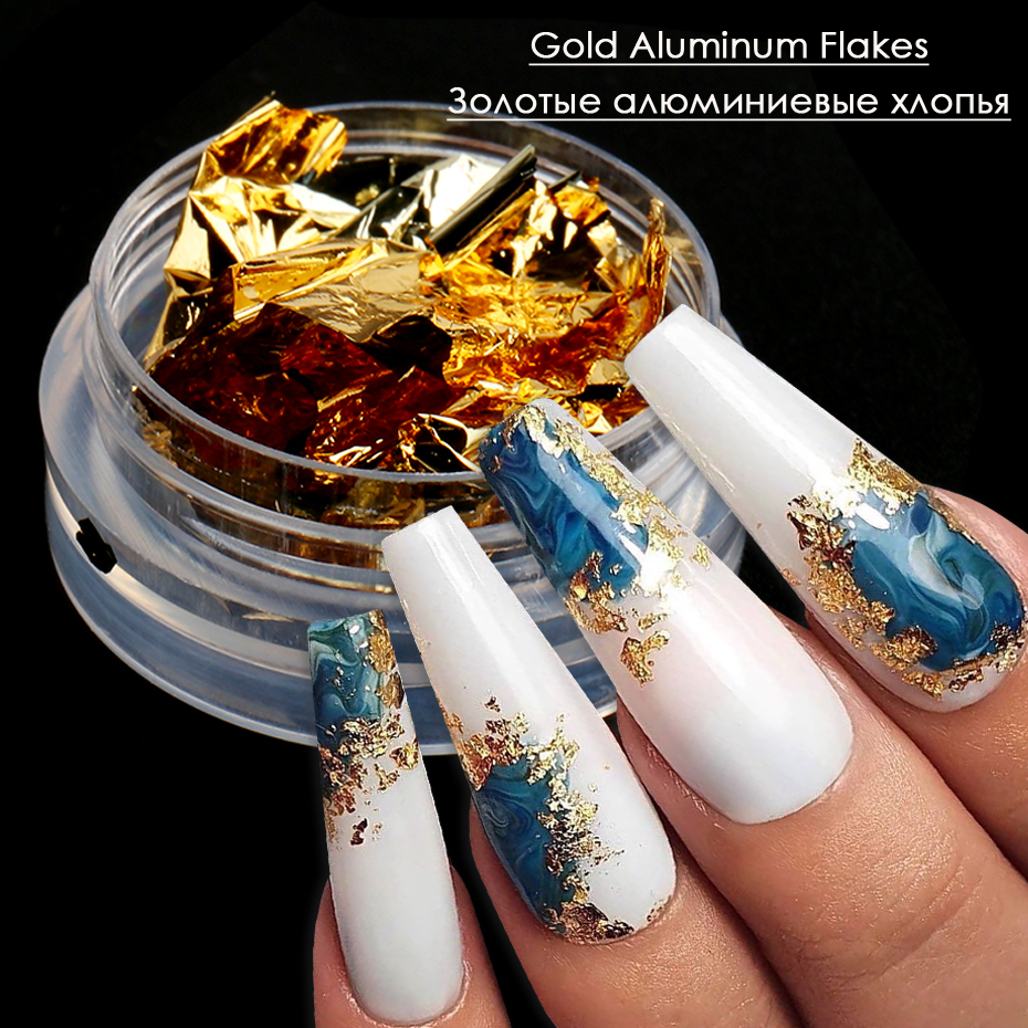 1 Box Gold Glitter Flakes Irregular Aluminum Foil Sequins For Nails Chrome Powder Winter Manicure Nail Art Decorations LY1858