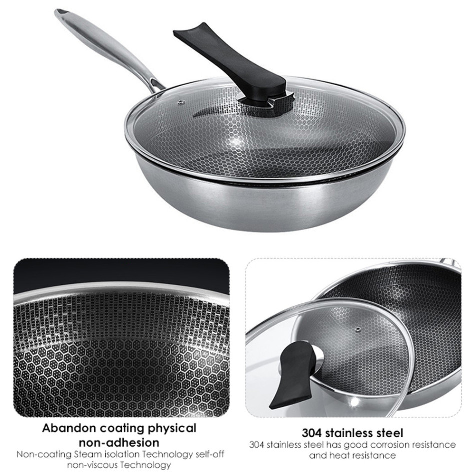 Stainless Steel Wok Non-stick Pan Full Screen Honeycomb Design No Lampblack No Coating Frying Pan Kitchen Tools Kitchenware New