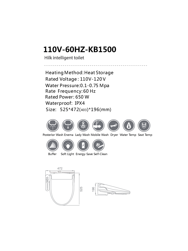 110V-60HZ-KB1500 Electronic Bidet Smart lavatory nightstool 525*403*196mm commode closestool Intelligent toilet seat over