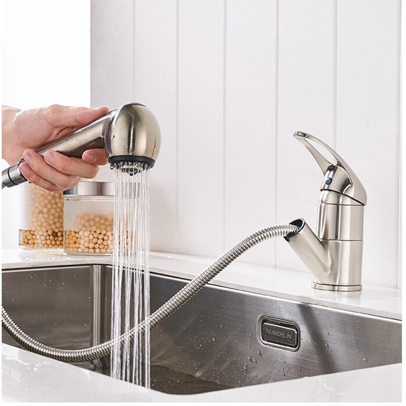 Deck Mounted Pull Out Kitchen Faucet Hot and Cold Water Mixer Crane Single Hole Pull Down Kitchen Sink Water Tap Copper MLK901