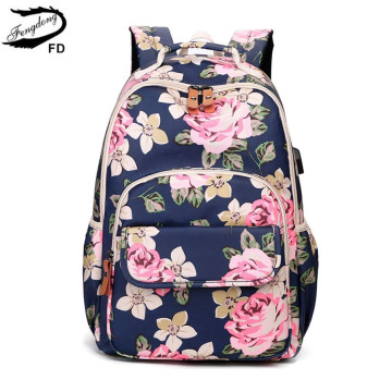 Fengdong korean style women floral backpack flowers school bags for girls kids vintage printing school backpack children bookbag