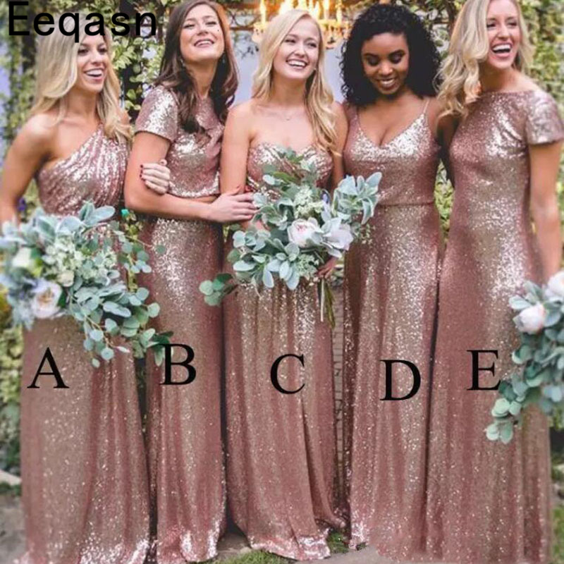 Sparkly Rose Gold Bridesmaid Dress 2020 Cheap Long Mermaid Custom Sequined Wedding Guest Dress Formal Party Plus Size
