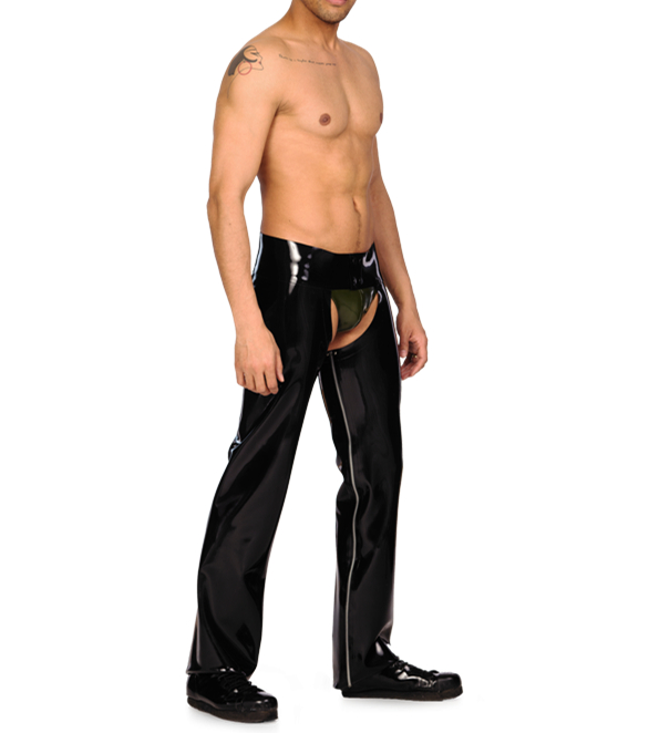 Simple Latex Chaps With Metal Zip Inside Legs Latex Long Trousers With Underwear Breifs