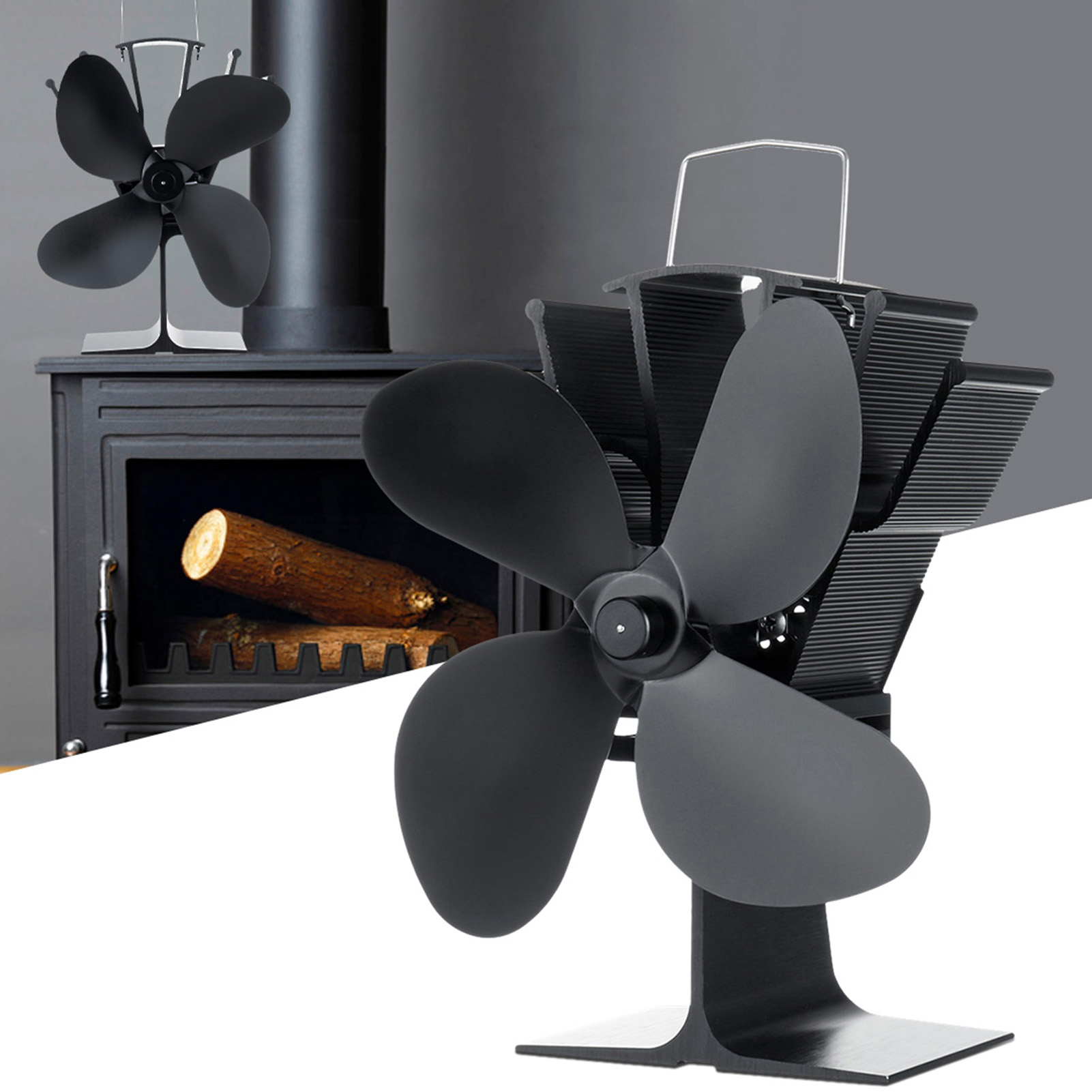 Large Airflow 4-Blade Stove Fan Digital Temperature Display Winter Thermal Fireplace Stove Fireplace Fan Fireplace Parts