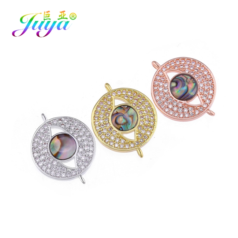 Juya DIY Micro Pave Blue Crystals Enamel Greek Turkish Evil Eye Charm Connector Accessories For Women Bracelets Earrings Making