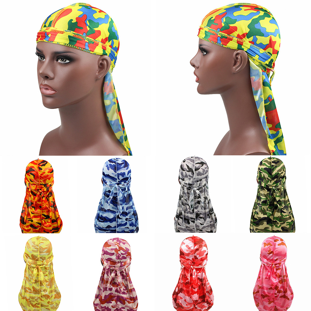 Fashion Camo Men's Silky Durags Turban Print Unisex Silk Durag Headwear Bandans Headband Hair Accessories Pirate Hat Waves Rags