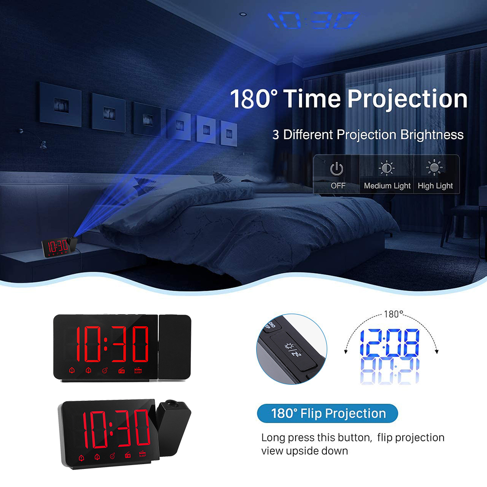 LED Digital Alarm Clock Watch Electronic Table Clocks USB Charging with FM Radio Time Projector Snooze Function 4 Digital Alarm