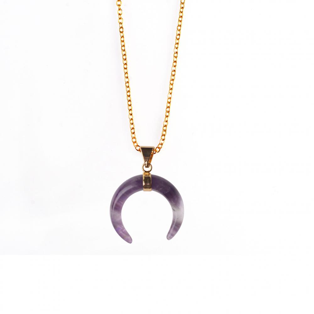 Gemstone Horns Necklace Healing Crystal Ox Horn Pendant Adjustable Natural Gemstone Necklace Reiki Quartz Jewelry for Men Women