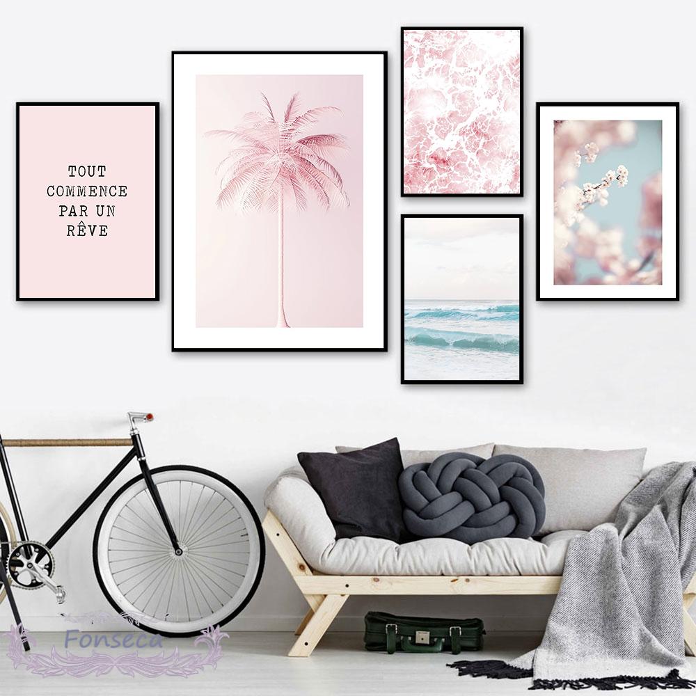 Pink Flower Seascape Canvas Painting Wall Art Print Letter Poster Palm Tree Sea Wave Cherry Blossom Pictures for Living Room