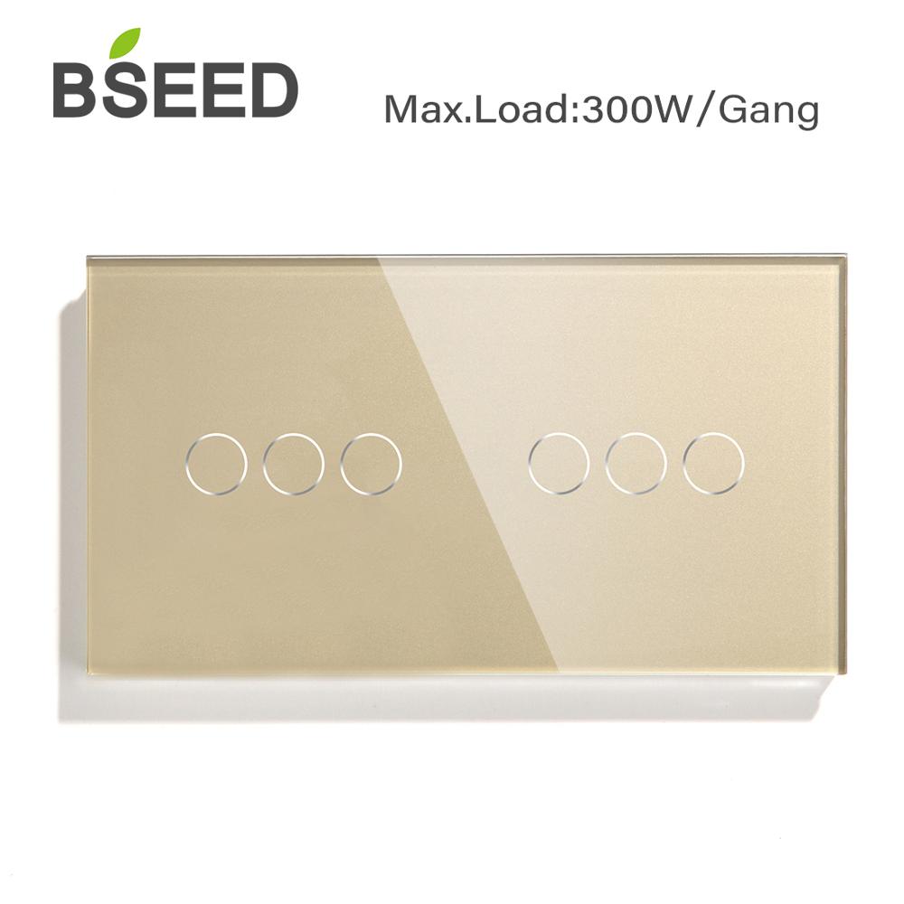 BSEED Double Light Switches Touch Sensor Wall Switch Glass 6Gang 1Way Switches Dark Blacklight White Black Golden 300W/Gang