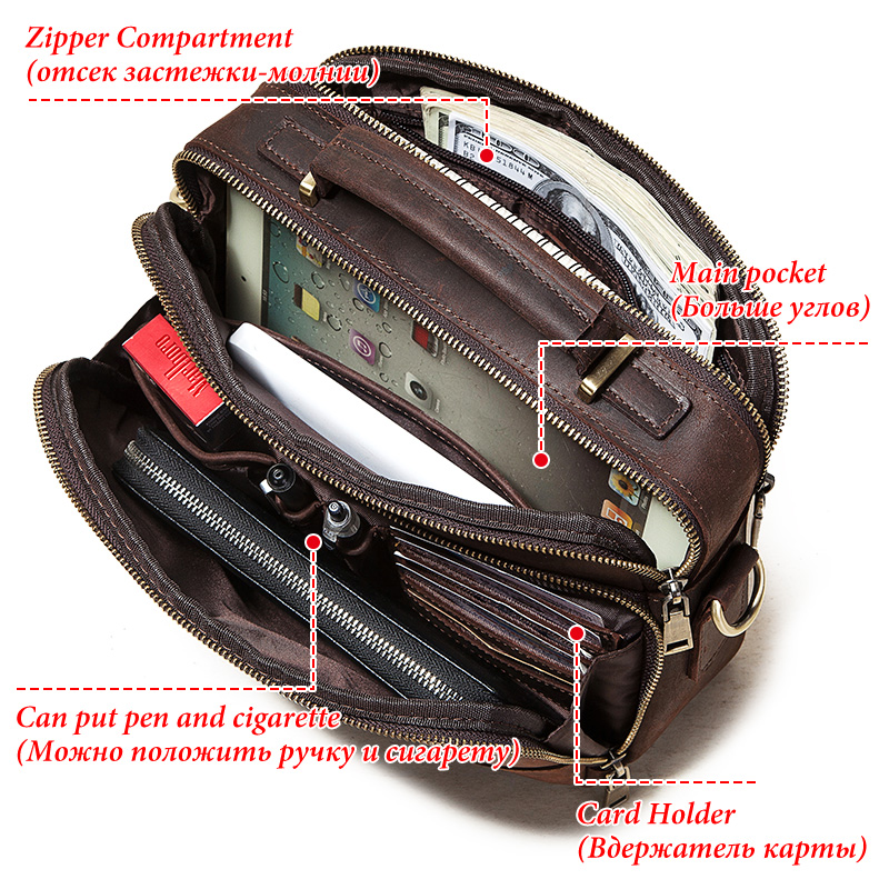 Vintage Crazy Horse Leather Men's Shoulder Bag Zipper Male Messenger Bag Capacity Bolsos Crossbody Bags For Ipad Bag Travel