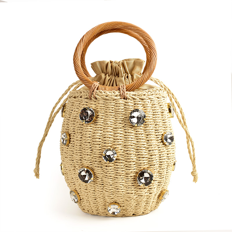 2020 New Handmade Rhinestone Crystal Embellished Straw Bag Small Straw Bucket Bags Lady Travel Purses and Handbags