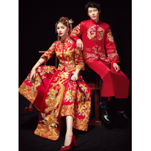 Chinese Traditional Couple Wedding Banquet Clothing Qipao Dress Long Cheongsam Stylish Elegant Bride Dress китайская одежда