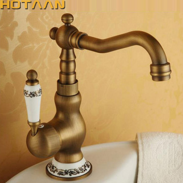 Antique Brass Kitchen Faucets Brass & Porcelain Base Bathroom Sink Basin Faucet Mixer Hot and Cold Water Tap 360 Swivel