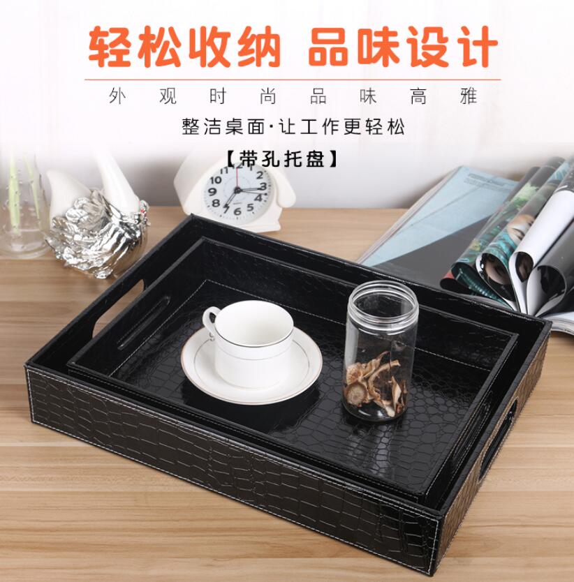 wooden structure croco black PU leather serving trays wooden tray hotel fruit snack desk food tray dessert tray PTP06