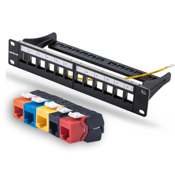 10 Inch 12port CAT6 Gigabit Modular Patch Panel Incl. 12pcs RJ45 Tool-less Keystone Jacks (Mixed Color Jacks: Red+Orange+White)