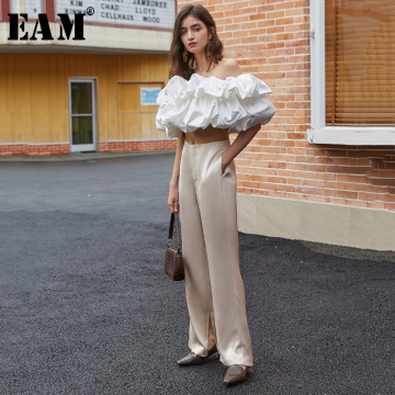 [EAM] High Waist Apricot Brief Long Wide Leg Side Vent Trousers New Loose Fit Pants Women Fashion Tide Spring Summer 2021 1U701