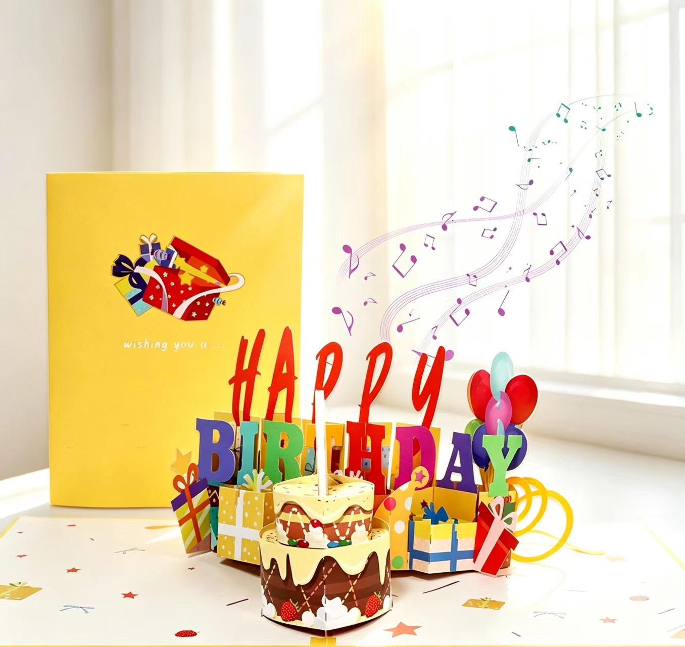birthday yellow cake pop up card with music and light