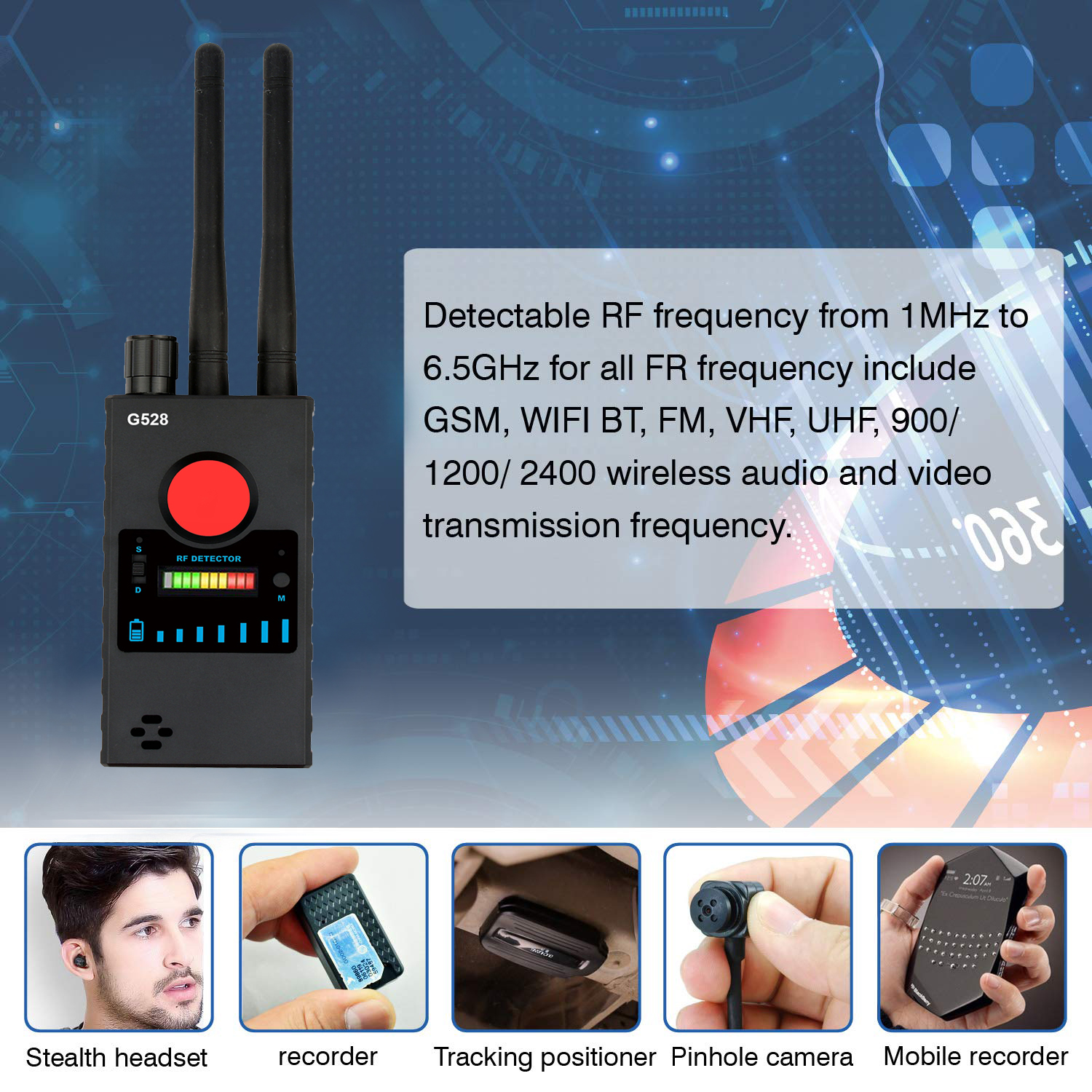 Dual Antenna G528 Anti Candid Camera Detector RF Signal Secret GPS GSM Mobile Phone Wifi Pinhole Cam Spy Bug Finder