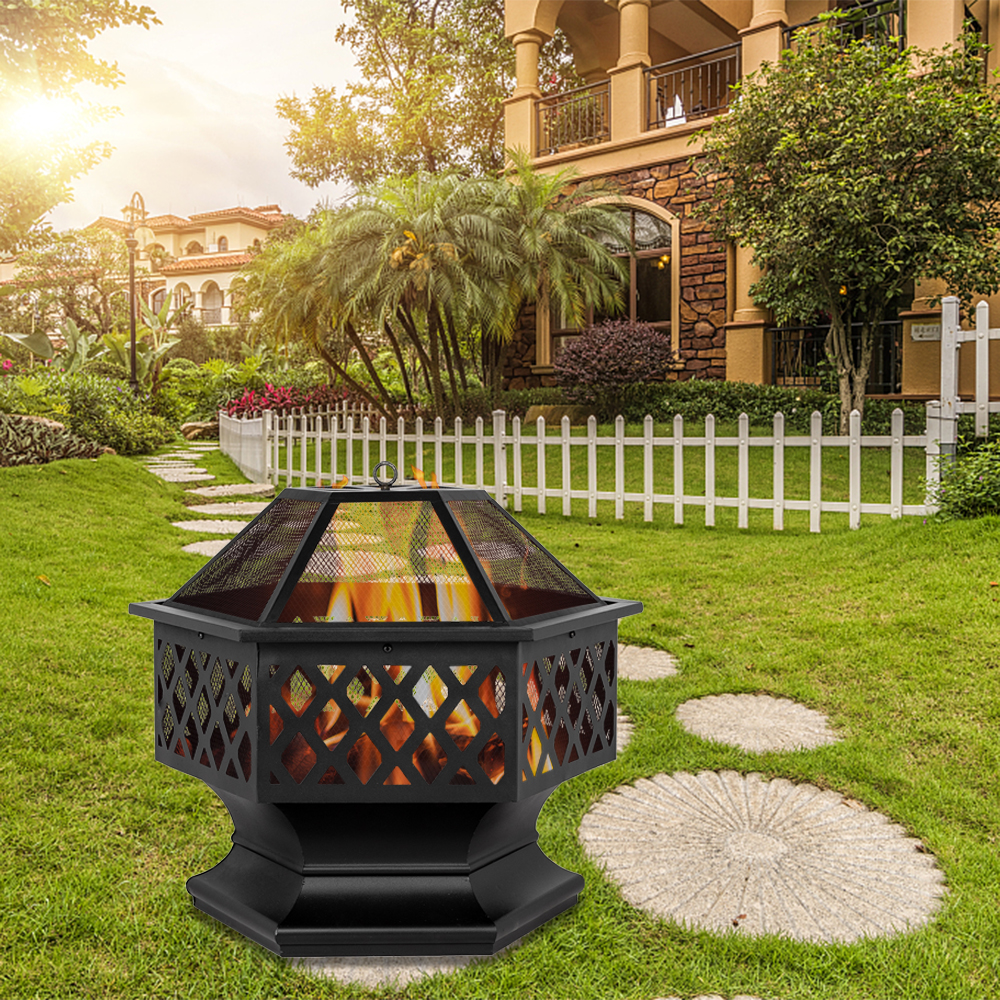 Portable Courtyard Metal Fire Pit 24" Hexagonal Shaped Iron Brazier Wood Burning Fire Pit Decoration for Backyard Poolside