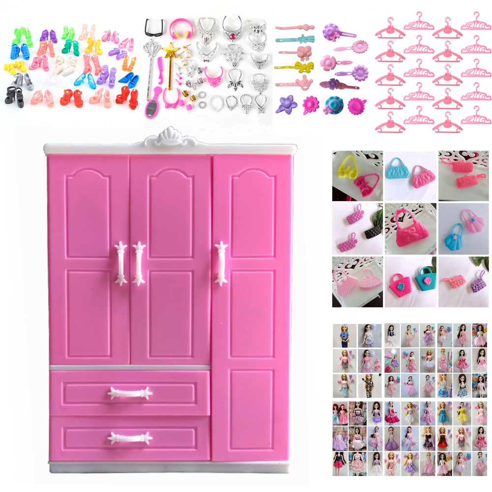 Random Wardrobe closet storage cabinet clothes accessories hangers shoes high heels bags handbags For Barbie Doll accessories